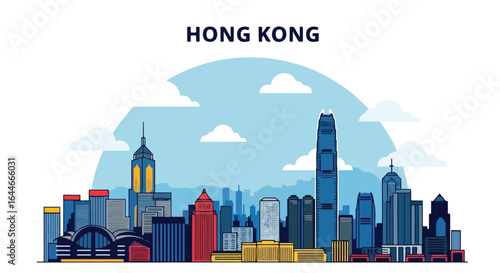 Flat colorful illustration of Hong Kong skyline featuring International Commerce Centre, and iconic skyscrapers, perfect for travel, tourism, and modern city design projects