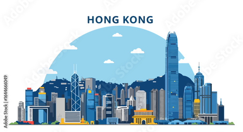 Flat colorful illustration of Hong Kong skyline featuring International Commerce Centre, and iconic skyscrapers, perfect for travel, tourism, and modern city design projects