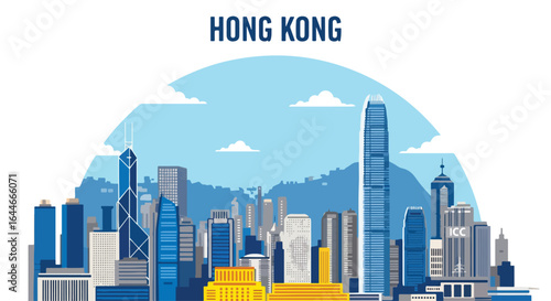 Flat colorful illustration of Hong Kong skyline featuring International Commerce Centre, and iconic skyscrapers, perfect for travel, tourism, and modern city design projects