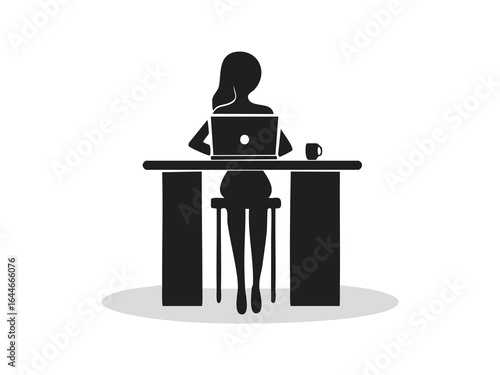 Minimalist vector silhouette of a person sitting at a desk with laptop open solid black fill