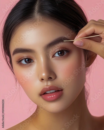 Closeup of a Asian woman receiving eyebrow threading flawless skin natural beauty expression clean isolated on a pastel background premium skincare and beauty portrait