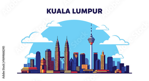 Flat vibrant illustration of Kuala Lumpur skyline modern skyscrapers under a blue sky, perfect for travel, tourism, and Malaysia-themed designs.