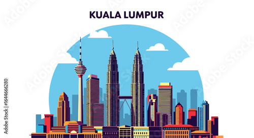 Flat vibrant illustration of Kuala Lumpur skyline modern skyscrapers under a blue sky, perfect for travel, tourism, and Malaysia-themed designs.