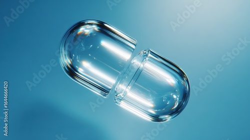 Futuristic translucent capsule floating against a blue medical backdrop with light refraction.