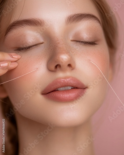 Closeup of a European woman receiving threading flawless skin natural beauty expression clean isolated on a pastel background premium skincare and beauty portrait