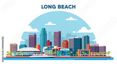 Flat colorful illustration of Long Beach city skyline featuring modern high-rise buildings, waterfront attractions, aquarium, cruise ship, and sailboats under a bright blue sky with clouds