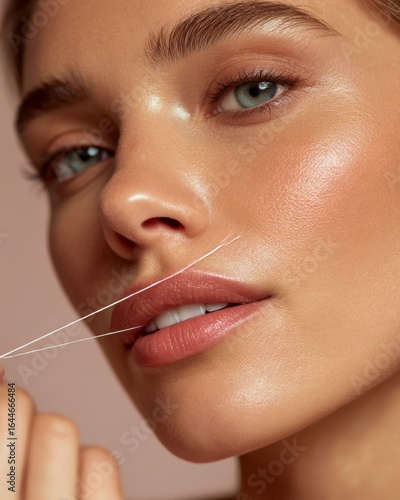 Closeup of a European woman receiving upper lips threading flawless skin natural beauty expression clean isolated on a pastel background premium skincare and beauty portrait