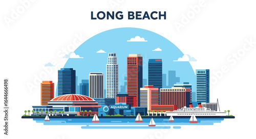 Flat colorful illustration of Long Beach city skyline featuring modern high-rise buildings, waterfront attractions, aquarium, cruise ship, and sailboats under a bright blue sky with clouds