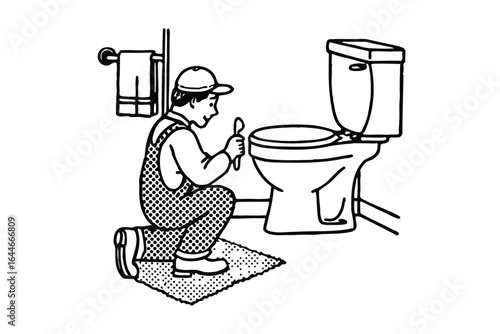 Plumber fixing a toilet in a modern bathroom with minimalist design