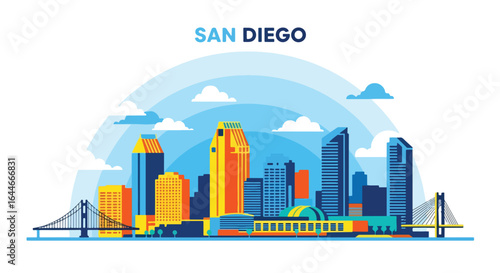 Flat colorful illustration of San Diego city skyline featuring modern skyscrapers, iconic bridges, and waterfront architecture under a bright blue sky with clouds, capturing the vibrant coastal
