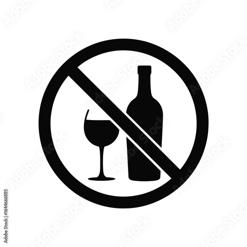 Black prohibition sign with a wine glass and bottle on white background no Vector illustration of