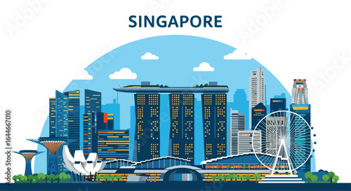 Flat colorful illustration of Singapore city skyline featuring iconic waterfront landmarks, modern skyscrapers, Ferris wheel, and futuristic gardens under a bright blue sky with clouds
