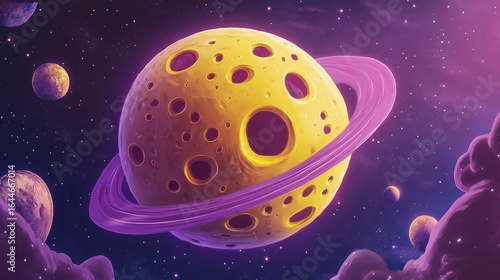 99.Creative cheese-inspired celestial body, cartoonish yellow planet with exaggerated holes and a soft purple ring, perfect for kidsâ€™ space education
