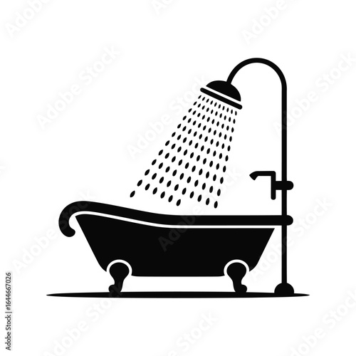 Black silhouette of a bathtub with shower head and water on white background Vector illustration of
