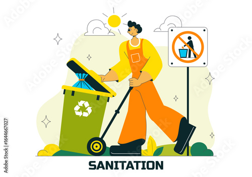 Sanitation Vector Illustration featuring People Cleaning Up Garbage and Disposing of it Properly and Washing Hands with Flat Style Cartoon Background