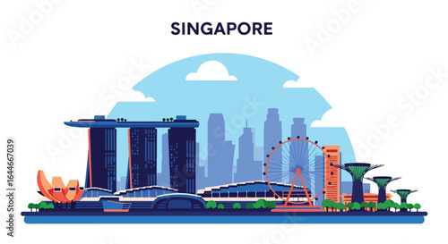 Flat colorful illustration of Singapore city skyline featuring iconic waterfront landmarks, modern skyscrapers, Ferris wheel, and futuristic gardens under a bright blue sky with clouds