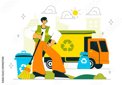 Sanitation Vector Illustration featuring People Cleaning Up Garbage and Disposing of it Properly and Washing Hands with Flat Style Cartoon Background