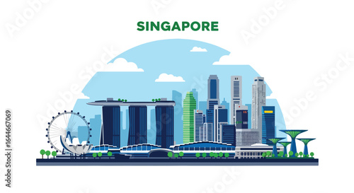 Flat colorful illustration of Singapore city skyline featuring iconic waterfront landmarks, modern skyscrapers, Ferris wheel, and futuristic gardens under a bright blue sky with clouds