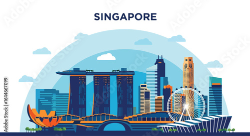 Flat colorful illustration of Singapore city skyline featuring iconic waterfront landmarks, modern skyscrapers, Ferris wheel, and futuristic gardens under a bright blue sky with clouds