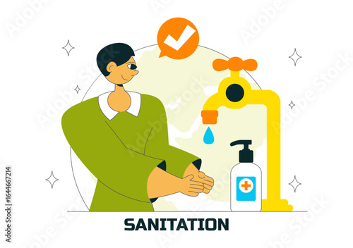 Sanitation Vector Illustration featuring People Cleaning Up Garbage and Disposing of it Properly and Washing Hands with Flat Style Cartoon Background