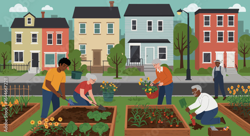 Community Gardeners Working Together in Urban Neighborhood.