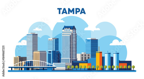 Flat colorful illustration of Tampa city skyline with modern skyscrapers, waterfront bridge, and urban buildings under a bright blue sky with clouds, capturing the vibrant architecture of the city