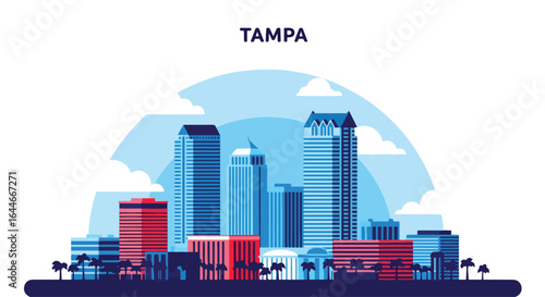 Flat colorful illustration of Tampa city skyline with modern skyscrapers, waterfront bridge, and urban buildings under a bright blue sky with clouds, capturing the vibrant architecture of the city