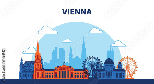 Flat colorful illustration of Vienna city skyline, modern buildings under a bright blue sky with clouds