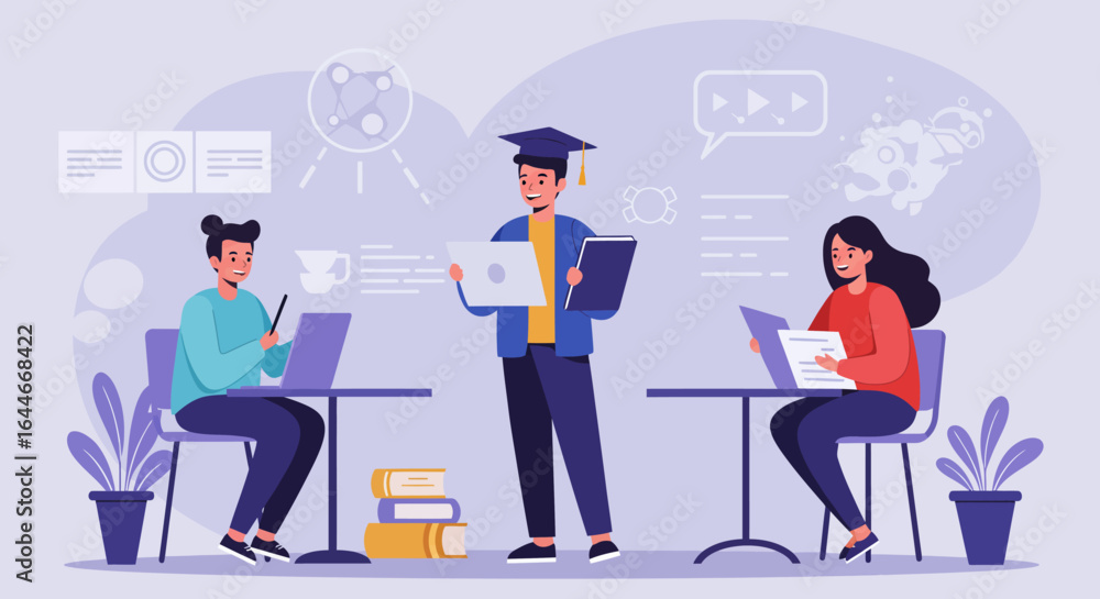 Fototapeta premium Student Presenting with Laptop and Book Wearing Graduation Cap.