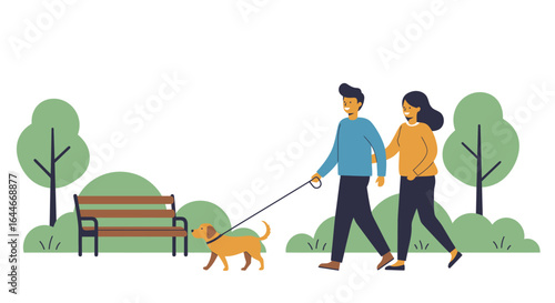 Couple Walking Dog in Park Illustration.