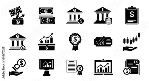 Collection of Black and White Financial Icons and Symbols.
