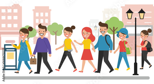 Group of Happy People Walking on City Street.