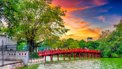 Wallpaper Mural Red Bridge- The Huc Bridge in Hoan Kiem Lake, a lake in the historical center of Hanoi, the capital city of Vietnam Torontodigital.ca