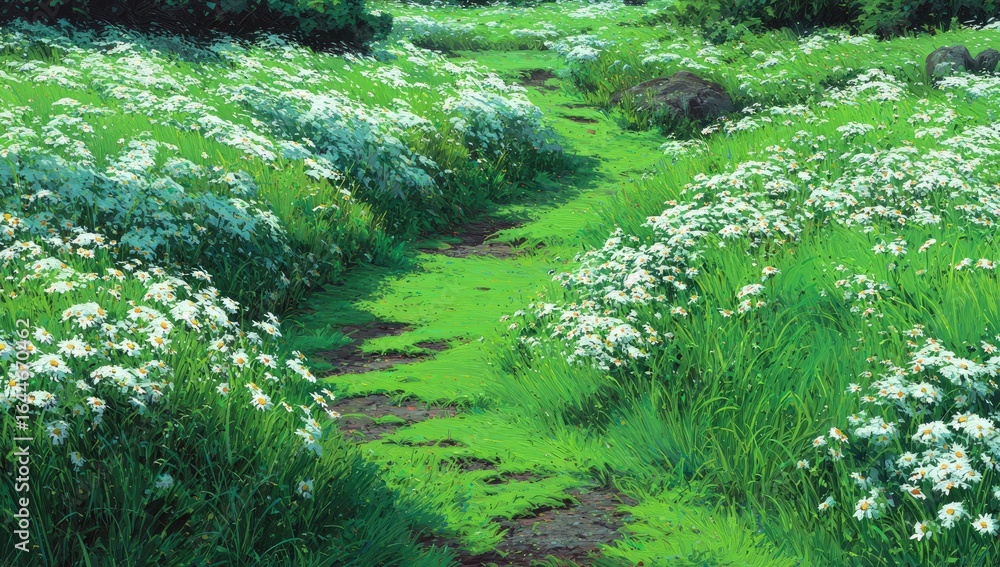 Naklejka premium A verdant path winds through a field of vibrant green grass and numerous white daisies, dappled with sunlight