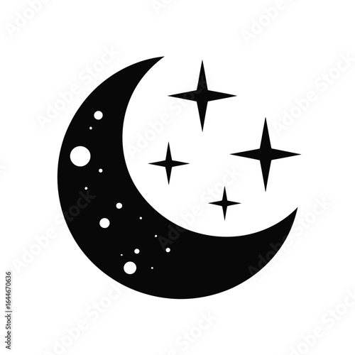 Vector illustration of Black crescent moon with stars and dots on white background night