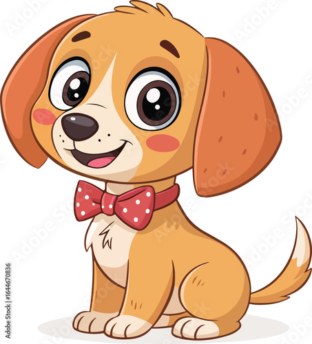 A cute cartoon puppy with big eyes and a red bowtie collar sits attentively and smiles happily in a friendly pose.