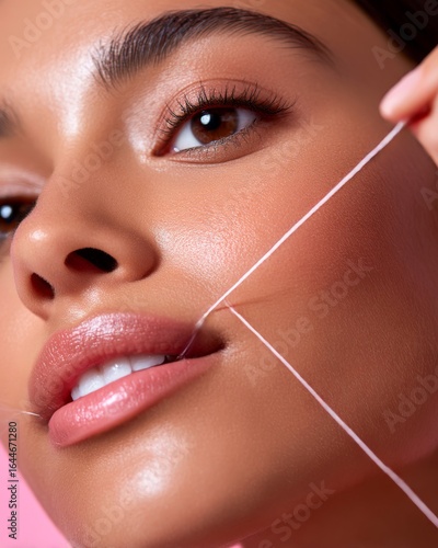 Closeup of a Latina woman receiving face threading flawless skin natural beauty expression clean isolated on a pastel background premium skincare and beauty portrait