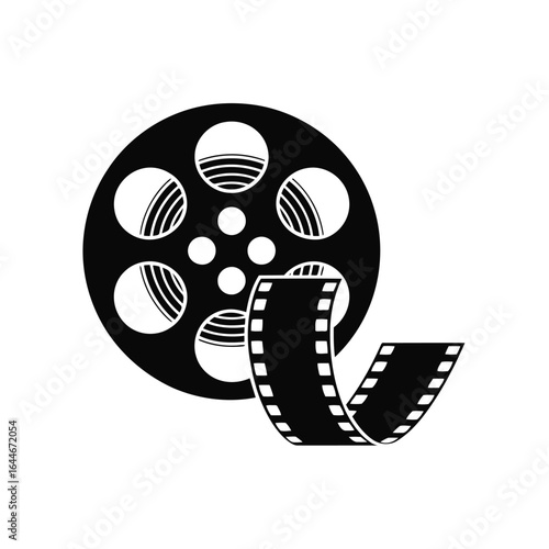 Vector illustration of Black film reel with strip of film on white background movie cinema
