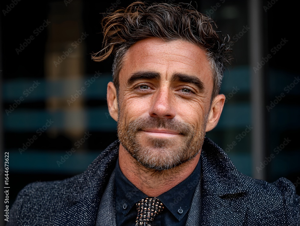Fototapeta premium Handsome mature man with salt and pepper hair gazes confidently wea a stylish overcoat outdoors today.