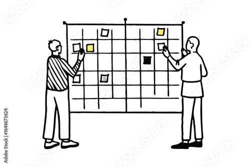 Two people collaborating on a large grid with tasks and icons