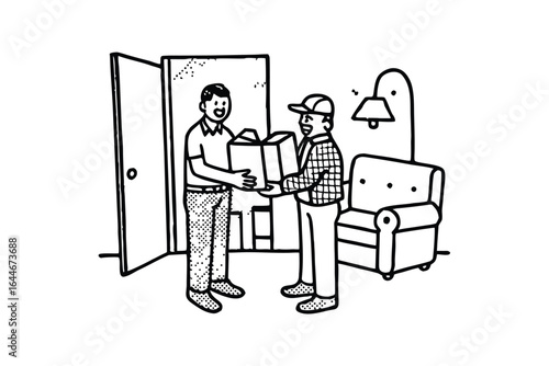 Warehouse worker with hand truck and stacked boxes near shelving unit