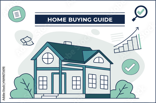 Comprehensive home buying guide featuring a house illustration with financial growth charts and verification icons