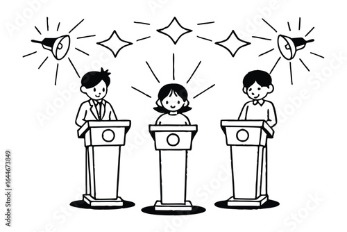 Two people at podiums in a debate with flags and abstract lines