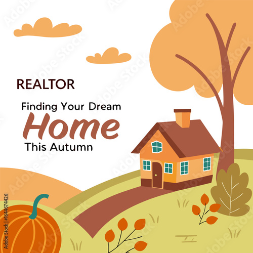 Realtor services find your dream home this autumn with a cozy house pumpkin and fall scenery