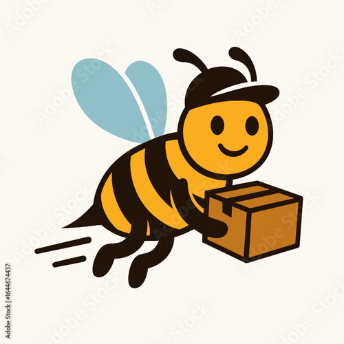 A friendly cartoon bee, wearing a delivery cap and carrying a package, swiftly flies through the air, symbolizing efficient and quick service.