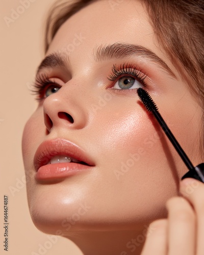Closeup of a young woman applying mascara to eyelashes natural glowing skin defined cheekbones even cosmetic lighting isolated on a light peach backdrop editorial makeup look