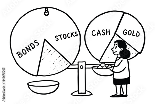 Person balancing investment portfolio with stocks bonds cash and gold on scales