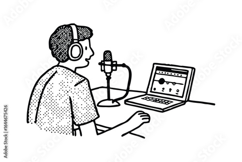 Person with headphones and microphone recording podcast or online content