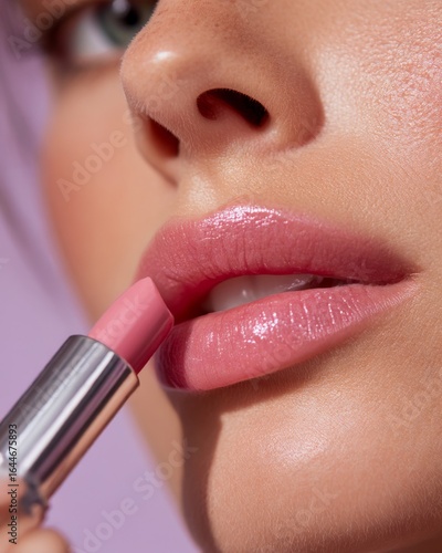Closeup of a young woman applying soft pink lipstick natural glowing skin glossy lips isolated on a subtle lavender background sharp beautyfocused portrait