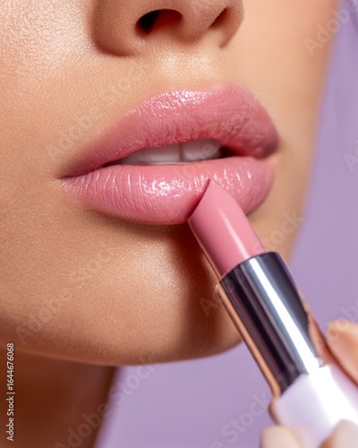 Closeup of a young woman applying soft pink lipstick flawless glowing skin glossy lips isolated on a subtle lavender background ultrasharp cosmeticfocused shot